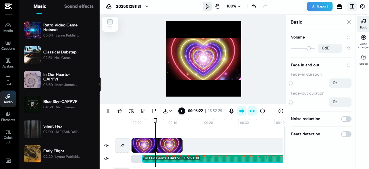 CapCut video editor with neon heart animation and background music selection, a creative tool for a side hustle from home.